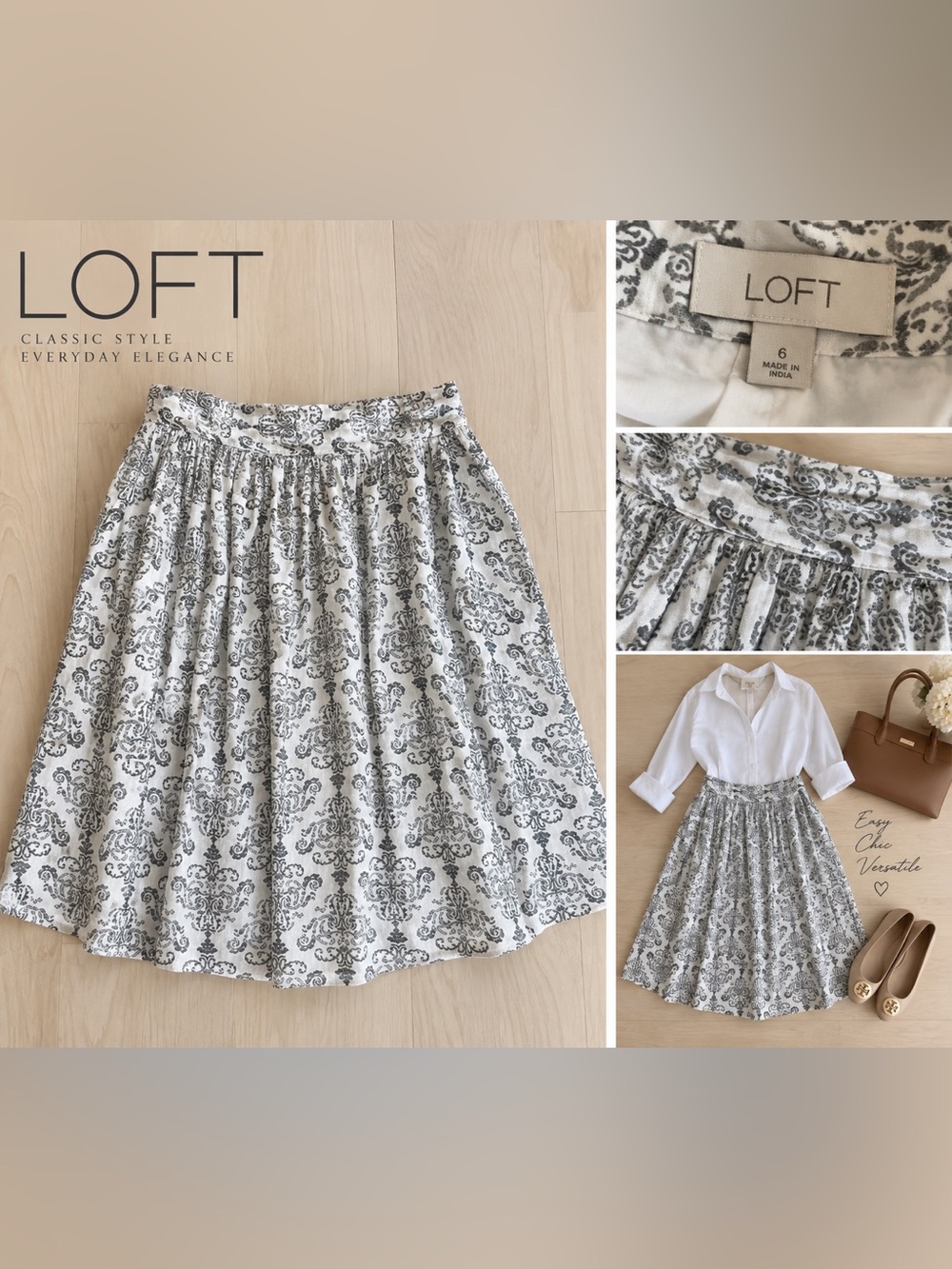 LOFT White and Gray Printed A-Line Skirt